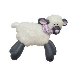 Vtg Adorable Lamb Plastic Brooch Pin Purple Bow 1.5" 2003 Hallmark Easter Spring